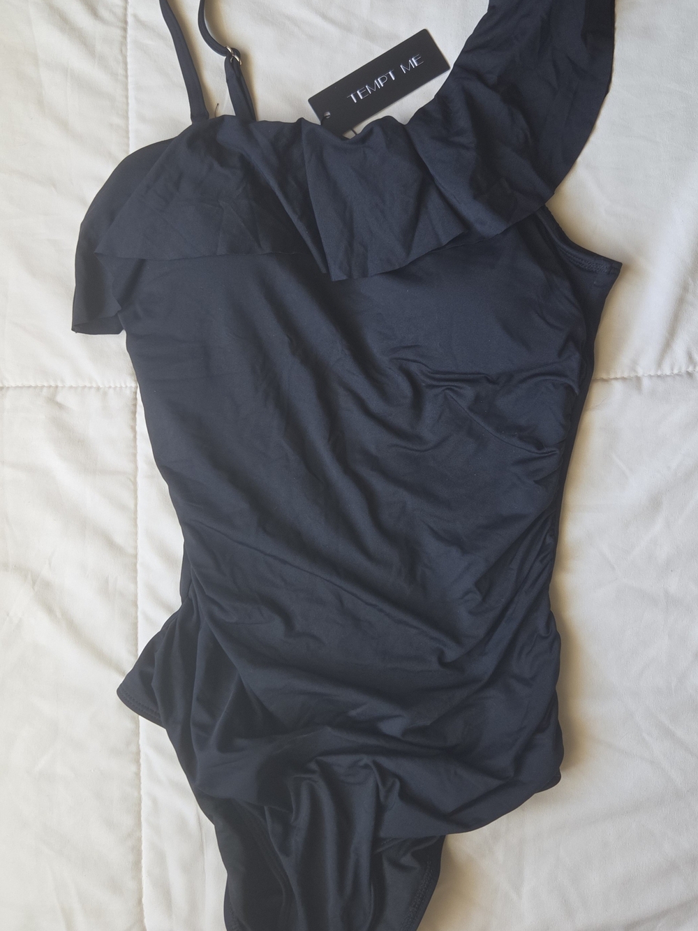 TEMPT ME Black One Shoulder Ruffle One Piece Swimsuit Size M (NWT)